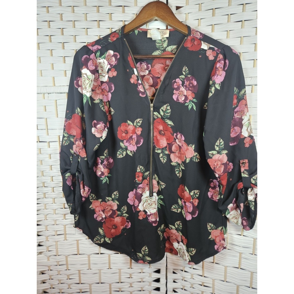 Love Spell Womens Semisheer Floral Zip Front Top Sz XL Bloomcore Cottagecore